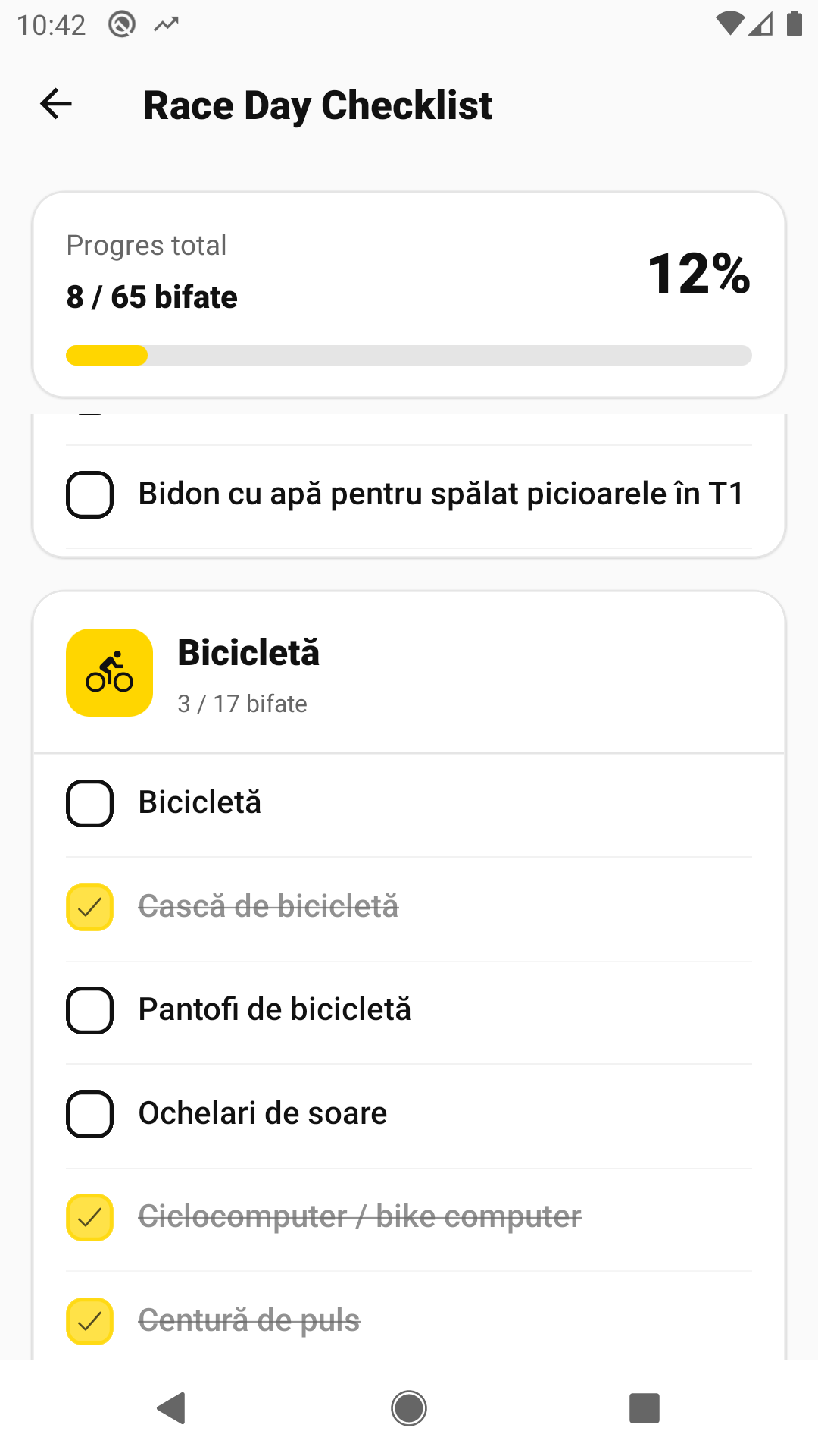 Race Day Checklist în aplicația Tribro