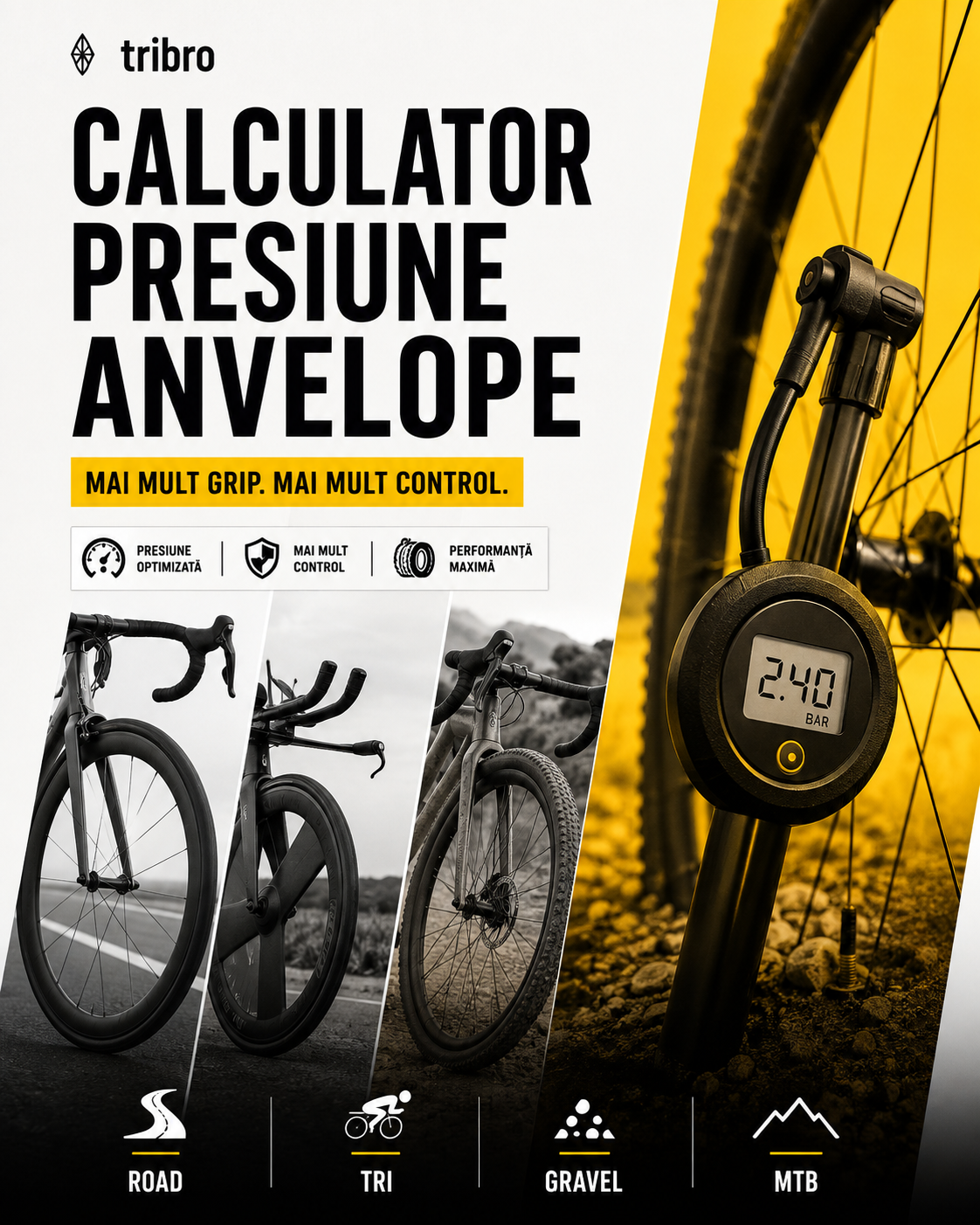 Calculator presiune anvelope bicicletă pentru Road, Triathlon, Gravel și MTB